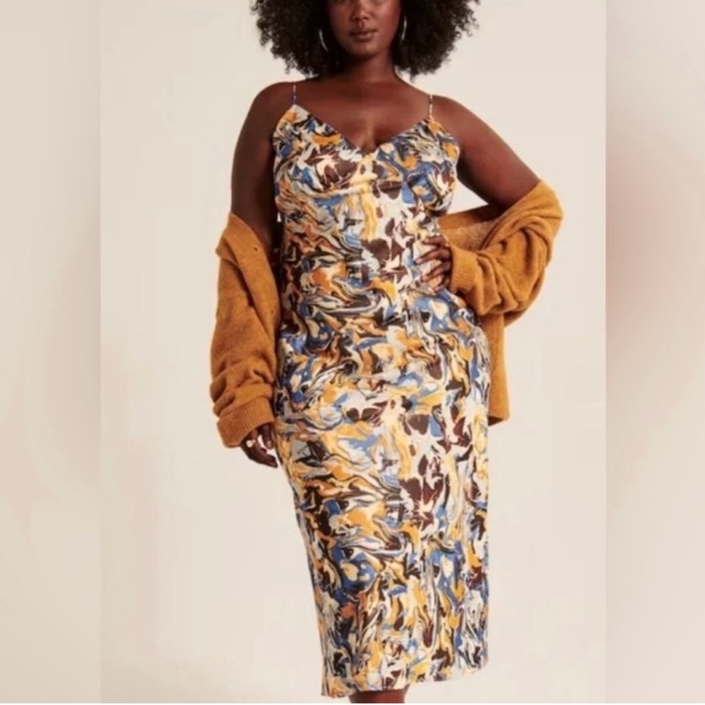 NWT Abercrombie Satin Slip Midi Dress, brown yellow and blue abstract